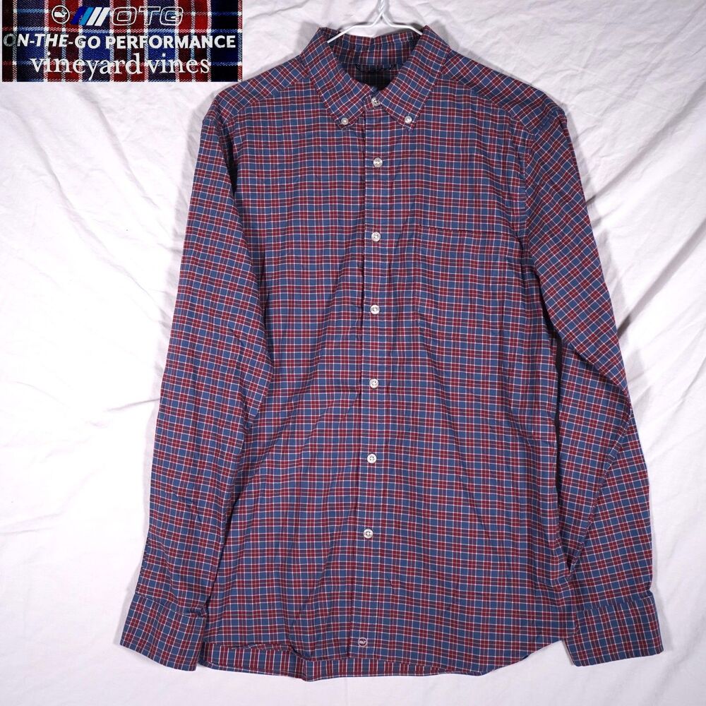 Vineyard Vines On-The-Go brrr° Shirt Plaid Red Blue Mens Medium